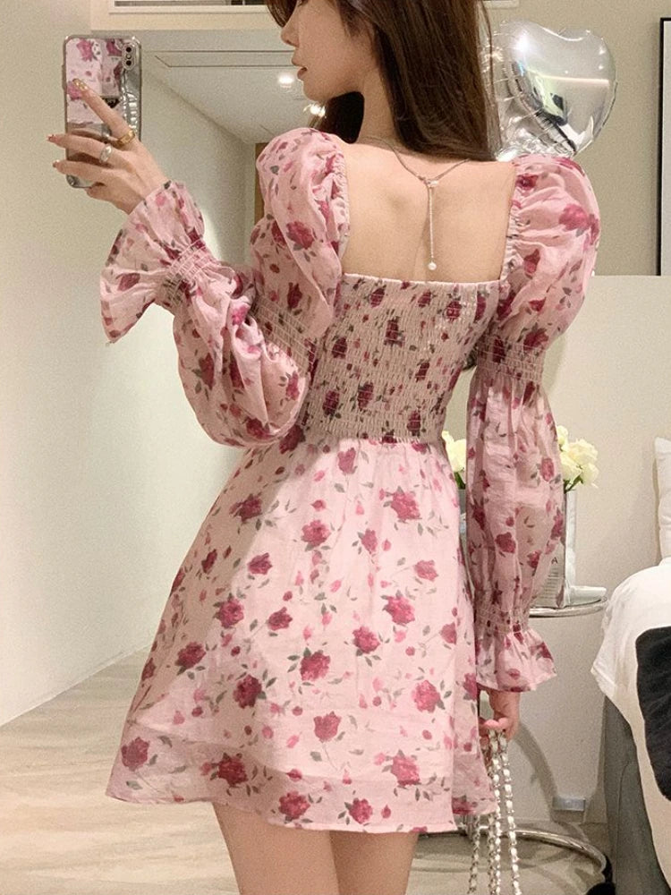 Dress Women Aesthetic Slim Floral A-line Spring Sweet Designed Vintage French Style Fashionable Gentle OL Leisure Holiday Temper