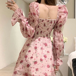 Dress Women Aesthetic Slim Floral A-line Spring Sweet Designed Vintage French Style Fashionable Gentle OL Leisure Holiday Temper