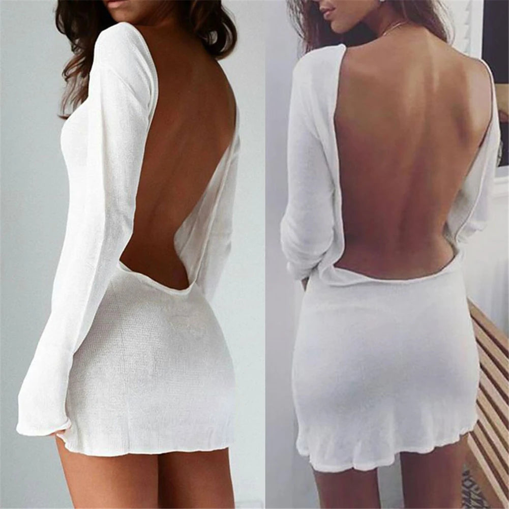 Women Summer Fall Summer Sexy Dress Long Sleeve Backless Hip Dress Slim-Fit Short Dress for Bar Parties Clubs Beachwear