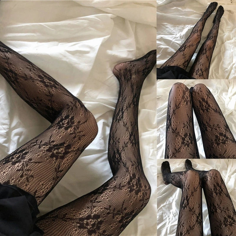 Fashion Sexy Women Long Fishnet Stocking Floral Sheer Hollow mesh lady kawaii Tights Embroidery flower Lingerie lolita Pantyhose