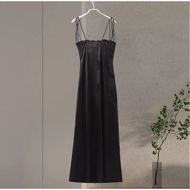 Sexy Hollow Out Satin Sling Dress Women Elegant Backless Sleeveless Lace Up Female Party Dresses 2024 Summer Lady Solid Robes