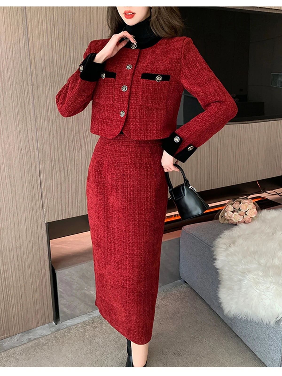 Women’s Trendy Tweed Two-Piece Set Vintage Chic Single Breasted Cropped Blazer Jacket+Long Skirt Suit Small Fragrant Outfits