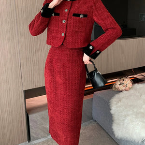 Women’s Trendy Tweed Two-Piece Set Vintage Chic Single Breasted Cropped Blazer Jacket+Long Skirt Suit Small Fragrant Outfits