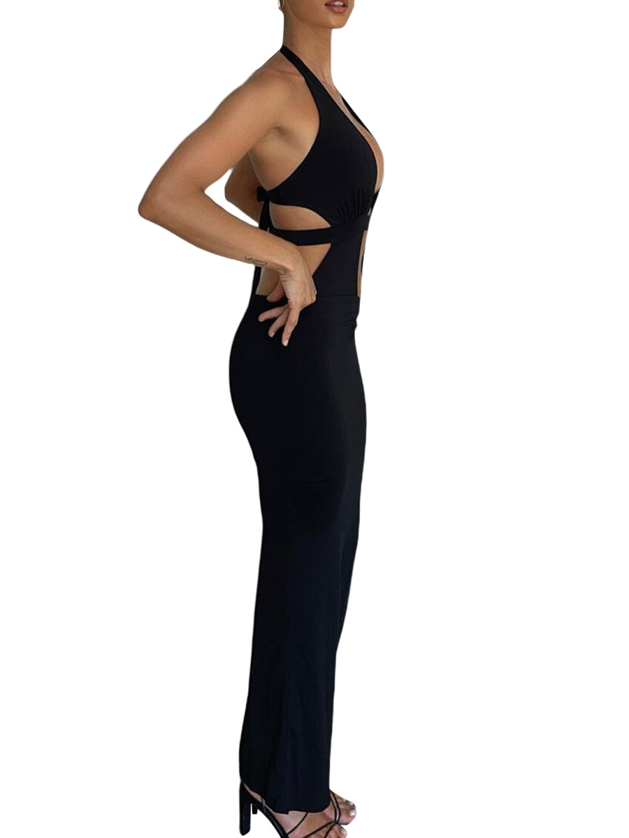 Sexy Cutout Halter Neck Backless Maxi Dress Tie-Up Black Elegant Cocktail Party Dresses for Women Clothing Autumn Fashion