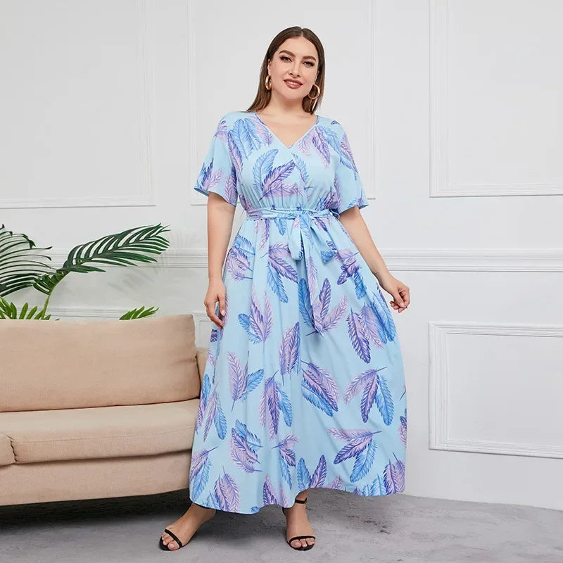 plus size New best-selling oversized loose V-neck dress for women with elastic waist  short sleeved printed long skirt