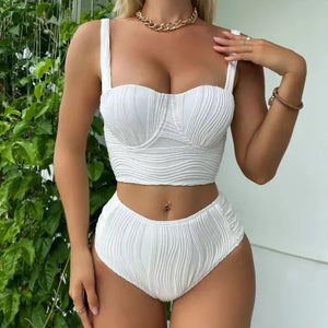 2024 New Wrinkled Underwired Female Swimsuit High Waist Bikini Women Swimwear Solid Bikini Set Bather Bathing Suit Swim Female