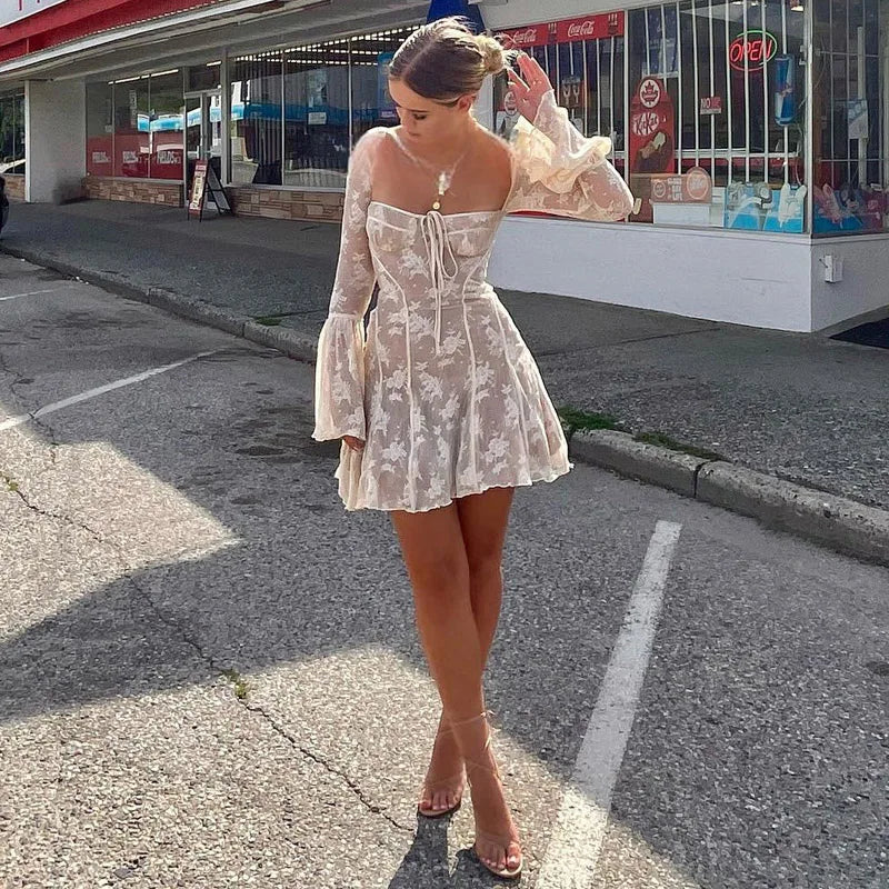 DGLUKE Elegant White Lace Mini Dress Women Flare Sleeve A-Line Short Summer Dresses 2024 Fashion Women's Evening Party Dresses