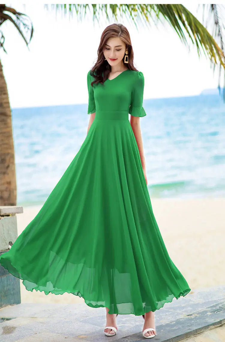 V-neck Elegant Fashion Short Sleeve Solid Color Slender Knee-length A-LINE Dresses Empire Comfortable Chiffon Women's Clothing