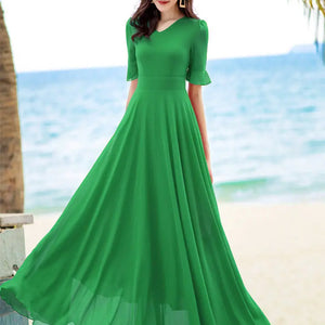 V-neck Elegant Fashion Short Sleeve Solid Color Slender Knee-length A-LINE Dresses Empire Comfortable Chiffon Women's Clothing