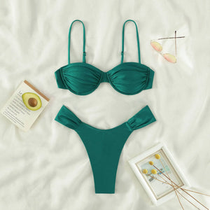 Women Sexy High Cut Bikini Sets Push-up Pleated Bra+Low Waist Briefs Two-Piece Swimsuits Solid Color Swimwear Beachwear Biquinis