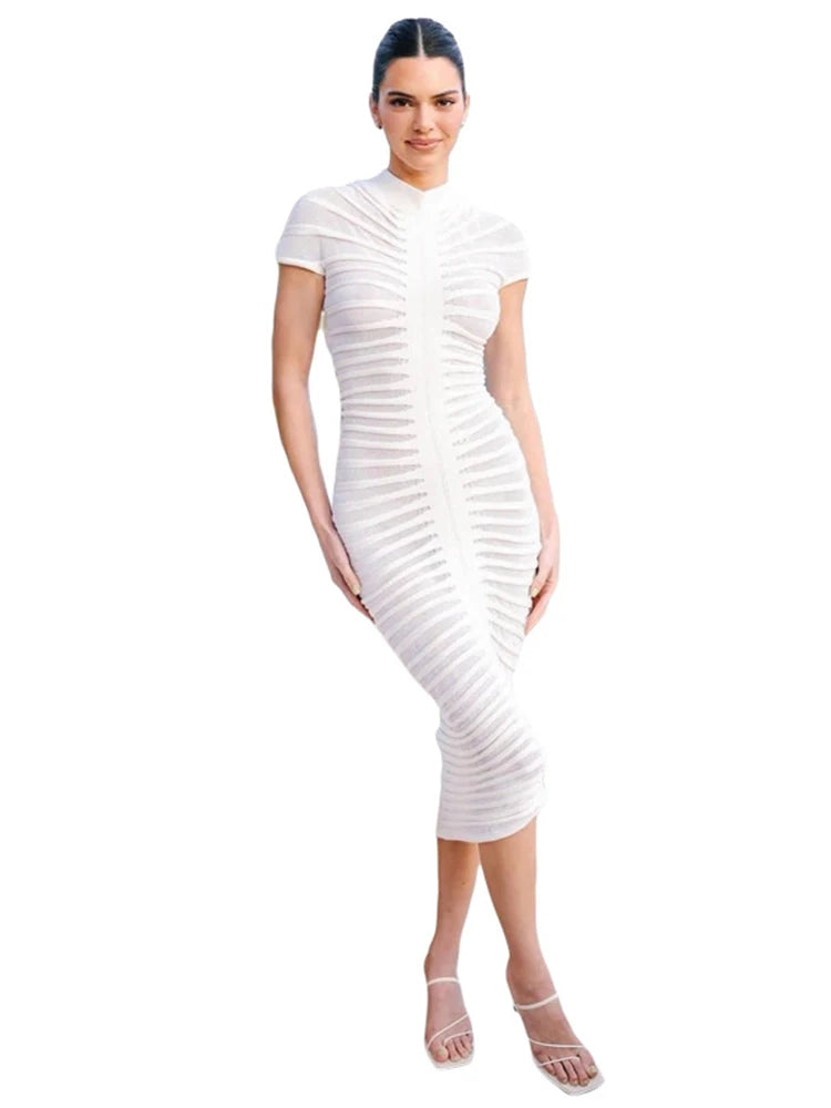 Cnyishe Sexy Club Knitted Striped Women Long Dresses Patchwork Slim Sheath Solid Casual Streetwear Fashion Robes Vestidos Female