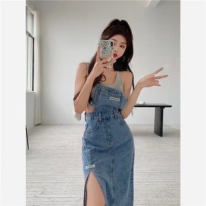 Sleeveless Women Denim Suspender Dress Spring New Midi Skirt Blue Korean Fashion Polo Collar Streetwear Female Braces Slit Dress