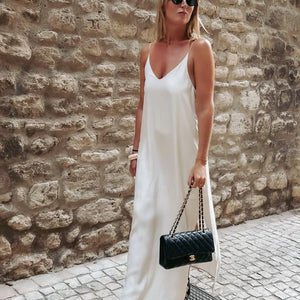 Elegant White V-neck Split Women Maxi Dress Fashion Backless Sleeveless Sling Dresses 2024 Summer Lady Beach Vacation Vestidos