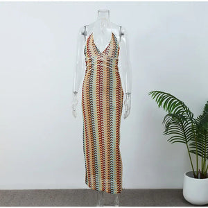 Sexy Backless Stripe Knit Long Dress For Women Fashion Sleeveless Lace-up Halter Dresses 2024 Summer Vocation Party Vestidos