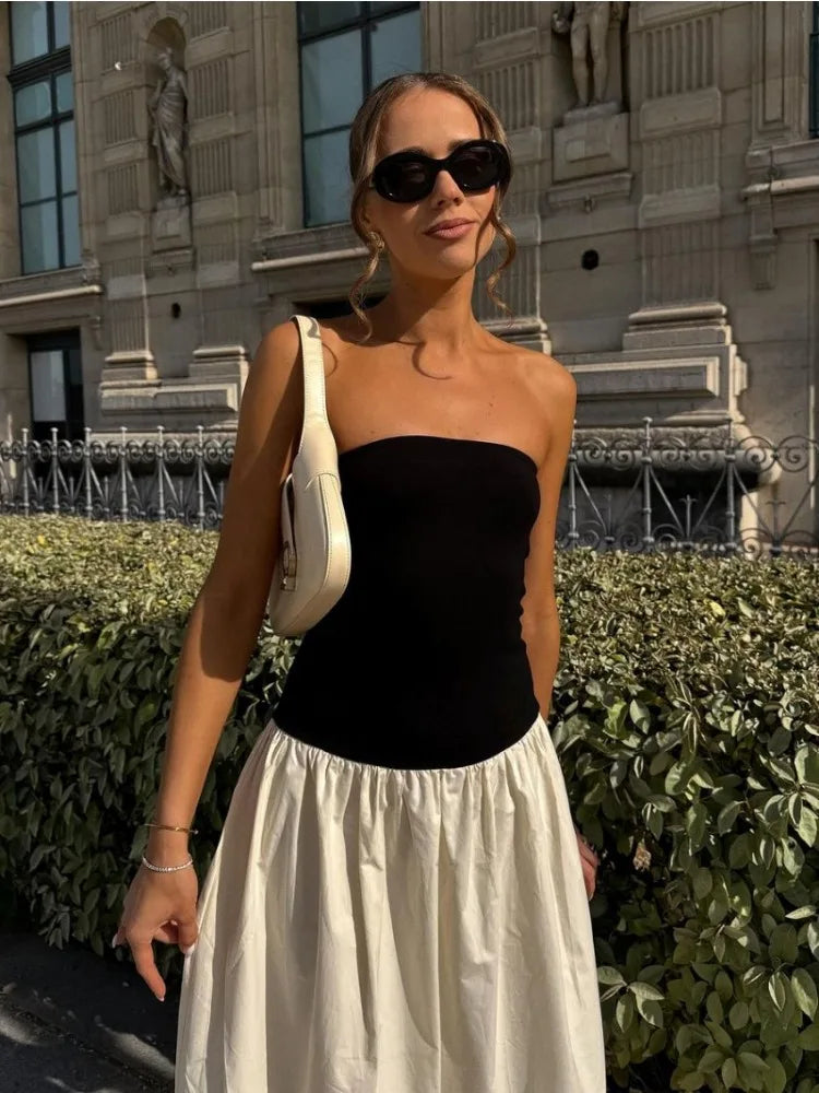 Tossy Patchwork Strapless Sleeveless Dress Women's Contrast Color A-Line High Waist Long Party Dress Fashion Outfits Female New