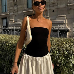 Tossy Patchwork Strapless Sleeveless Dress Women's Contrast Color A-Line High Waist Long Party Dress Fashion Outfits Female New