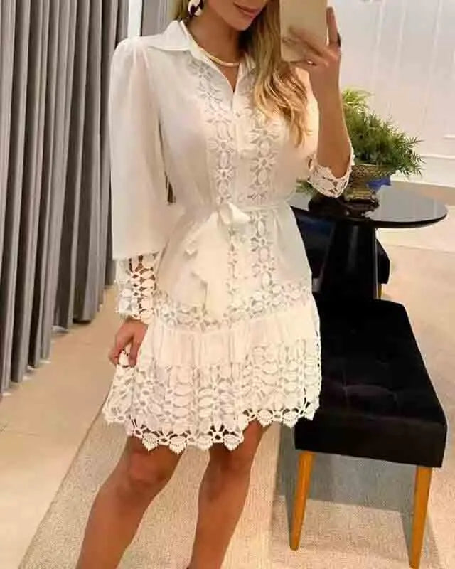 Spring Autumn Hollow Out Floral Solid Color Fashion Casual Sexy Lace Patch Shirt Dress Mini Dress Y2k Party Holiday Vestido