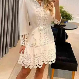 Spring Autumn Hollow Out Floral Solid Color Fashion Casual Sexy Lace Patch Shirt Dress Mini Dress Y2k Party Holiday Vestido