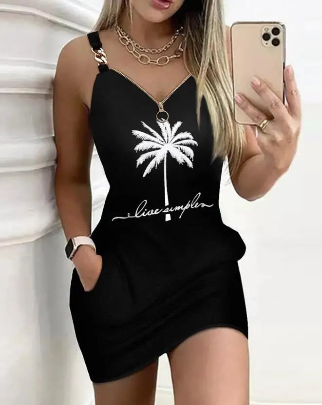 Elegant Dresses for Women Sexy V-Neck Zipper Design Textured Suspender Mini Dress New Fashion 2023 Summer Casual Female Clothing