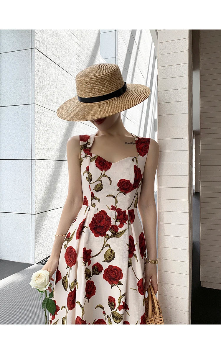 Women's Summer Elegant Floral Print Rose Strap Midi Dress Sleeveless Casual Beach Party Sundress Female Fashion A-Line Vestidos