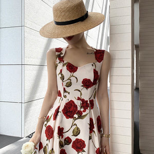 Women's Summer Elegant Floral Print Rose Strap Midi Dress Sleeveless Casual Beach Party Sundress Female Fashion A-Line Vestidos