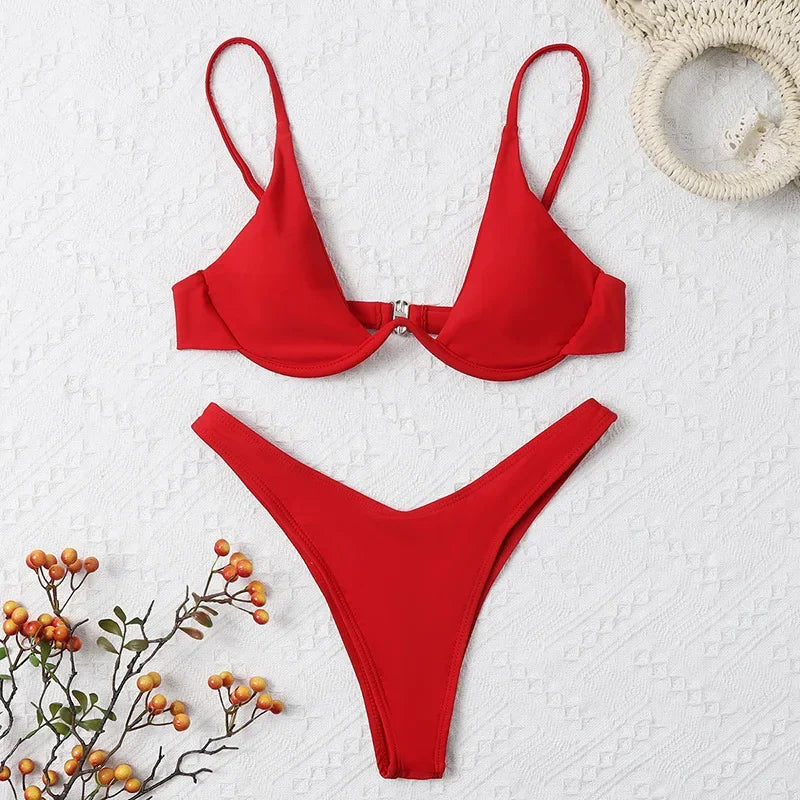 OIINAA Swimsuit Women Sexy Solid Bikini Set Two-piece Beachwear 2024 Summer Fashion Thong Swimwear Bather Bathing Suit Biquinis