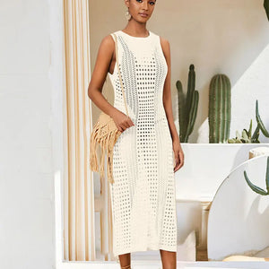 White Crochet Mesh Sleeveless Slit Wrap Beach Dress 2023 Autumn Woman Sexy Hollow Out Knitted Beachwear Swimsuit Cover-ups Q1513