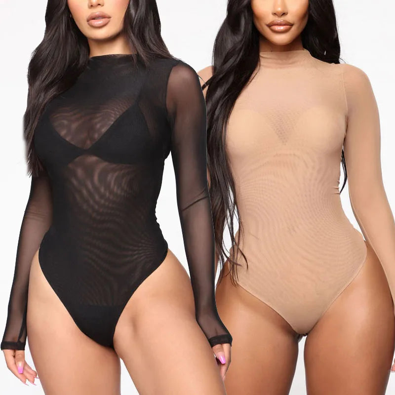 Sexy Women Transparent Bodysuit Solid Color Long Sleeve Party Club Jumpsuits Fashion Bodysuits Female Clothing