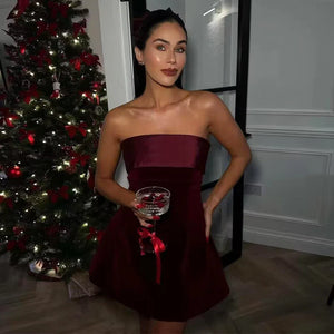 MSCSZ Black Velvet Strapless Mini Dress Elegant A-Line Short Christmas Party Dress For Women Sexy Backless Dress 2024 Gown