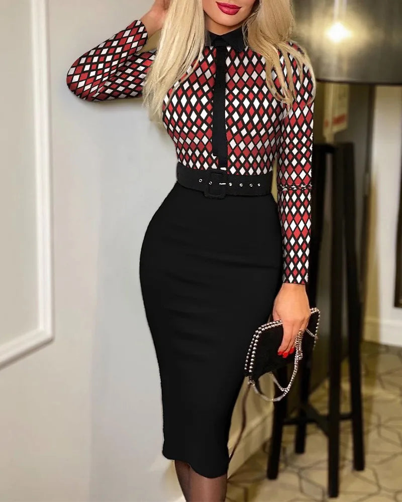 Fashionable Women's Printed Tight A-line Skirt Sexy Suit Collar Dress Wrapped Buttocks For Women With Belt