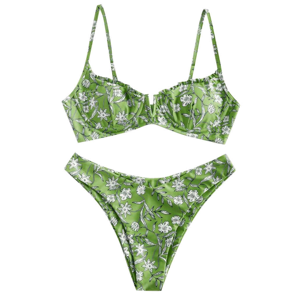 Flower Print High Cut V Neck Two Pieces Swimsuit Women Plus Size Swimwear Swimsuit Beachwear Swimwear Women Plus купальник