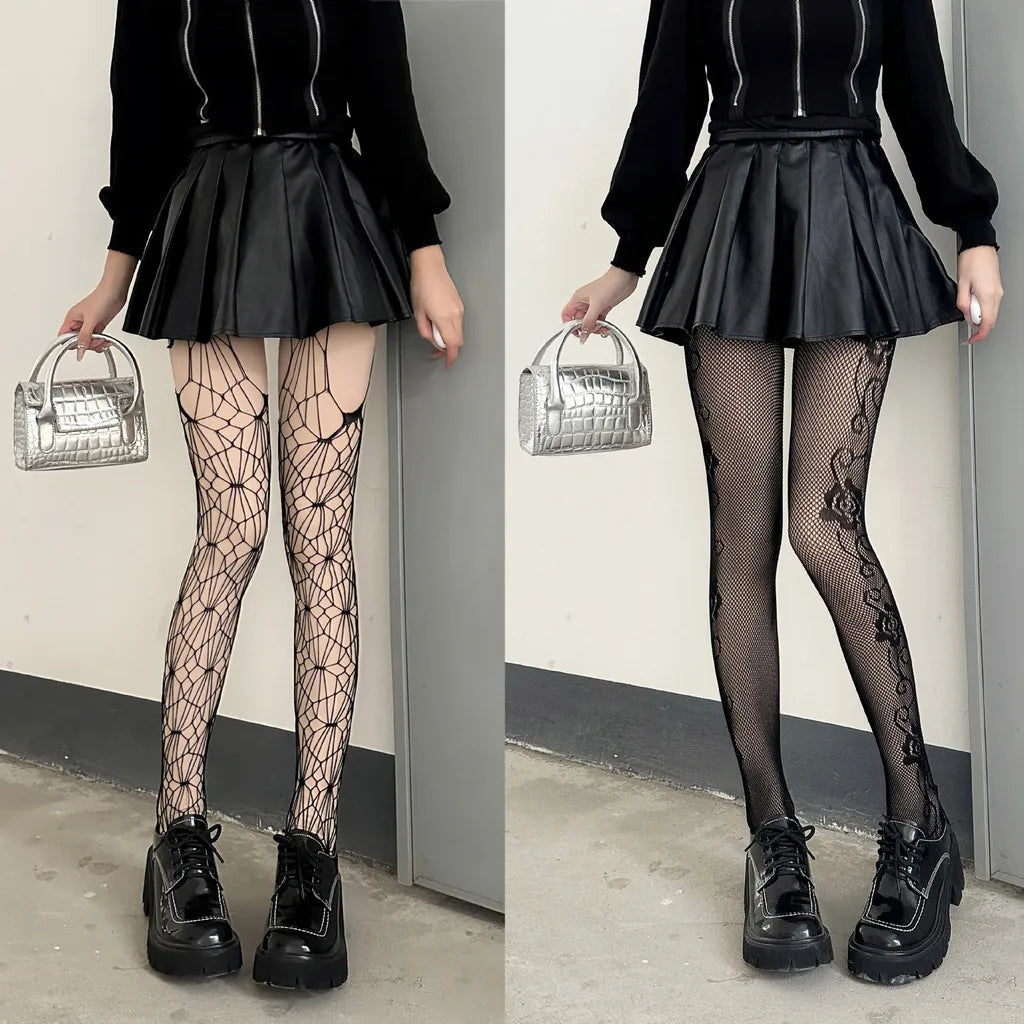 Gothic Fishnet Stockings Lolita Mesh Tights for Women JK Y2k Netting Hollow Out Pantyhose with Pattern Leggings Sexy Lingerie