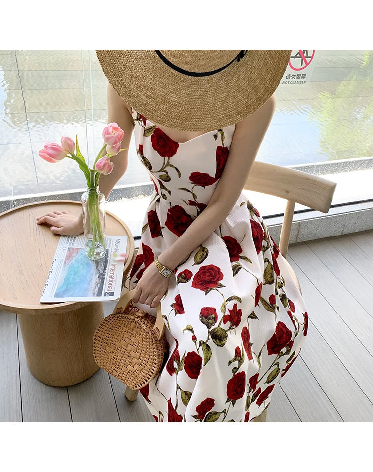 Women's Summer Elegant Floral Print Rose Strap Midi Dress Sleeveless Casual Beach Party Sundress Female Fashion A-Line Vestidos