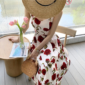 Women's Summer Elegant Floral Print Rose Strap Midi Dress Sleeveless Casual Beach Party Sundress Female Fashion A-Line Vestidos