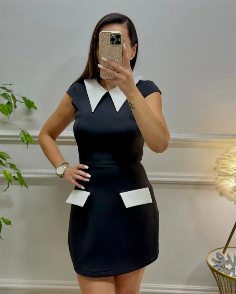 Elegant Fashion A-line Mini Dress Women Peter Pan Collar Cap Sleeve Pockets Patchwork Sheath Slim High Waist Party Short Dresses