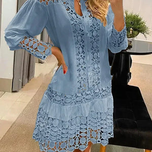 Spring Summer New Long Sleeve For Women's Dresses Solid Color Lace Splicing Fashion Cutout Shirt Elegant Female Sexy Dress