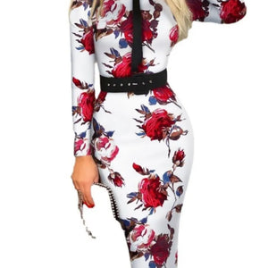 Fashionable Women's Printed Tight A-line Skirt Sexy Suit Collar Dress Wrapped Buttocks For Women With Belt