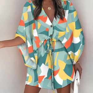 Summer Casual Dress Women Fashion Flying Sleeve V-neck Print Beach Party Dresses Elegant Lace Up Mini Dress Robe Femme 2023 New