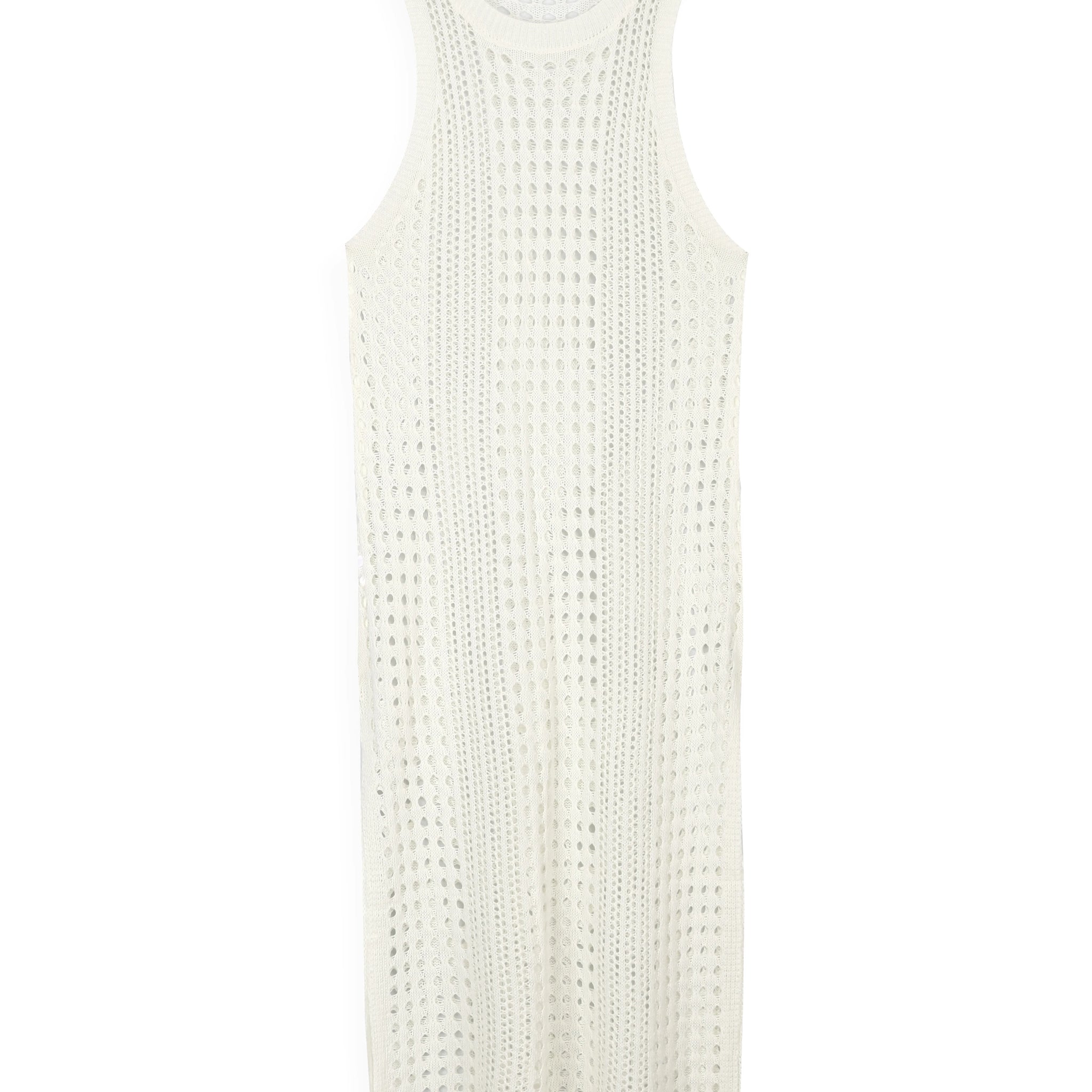 White Crochet Mesh Sleeveless Slit Wrap Beach Dress 2023 Autumn Woman Sexy Hollow Out Knitted Beachwear Swimsuit Cover-ups Q1513