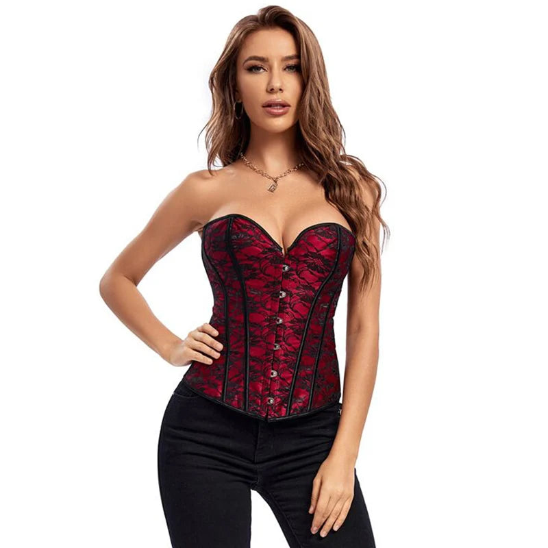 Red Satin & Black Floral Lace Patchwork Vintage Corset Overbust Steampunk Espartilhos Sexy Lingerie Gothic Bustier Top For Women