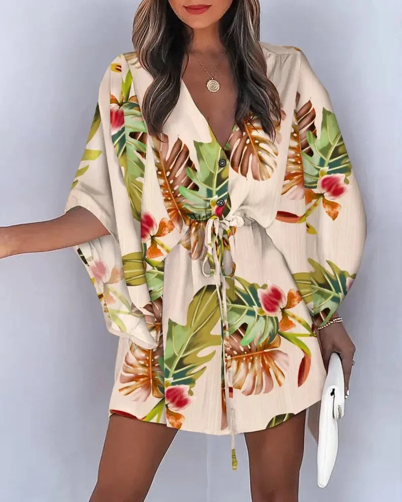 Summer Casual Dress Women Fashion Flying Sleeve V-neck Print Beach Party Dresses Elegant Lace Up Mini Dress Robe Femme 2023 New