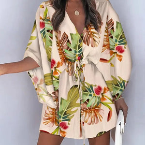 Summer Casual Dress Women Fashion Flying Sleeve V-neck Print Beach Party Dresses Elegant Lace Up Mini Dress Robe Femme 2023 New