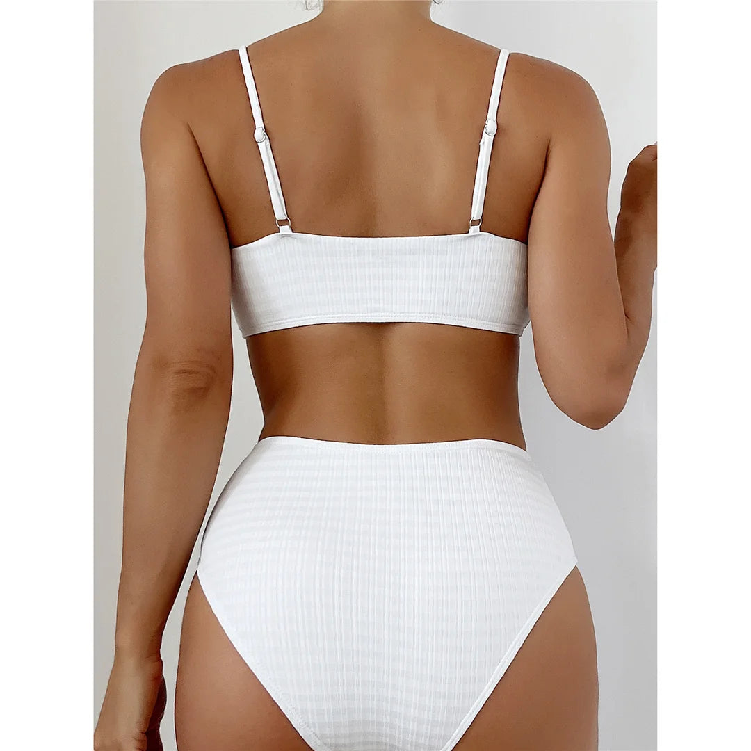 Pearls Ribbed High Waist Bikini Female Swimsuit Women Swimwear Two-pieces Bikini set Padded Bather Bathing Suit Swim Lady V4352