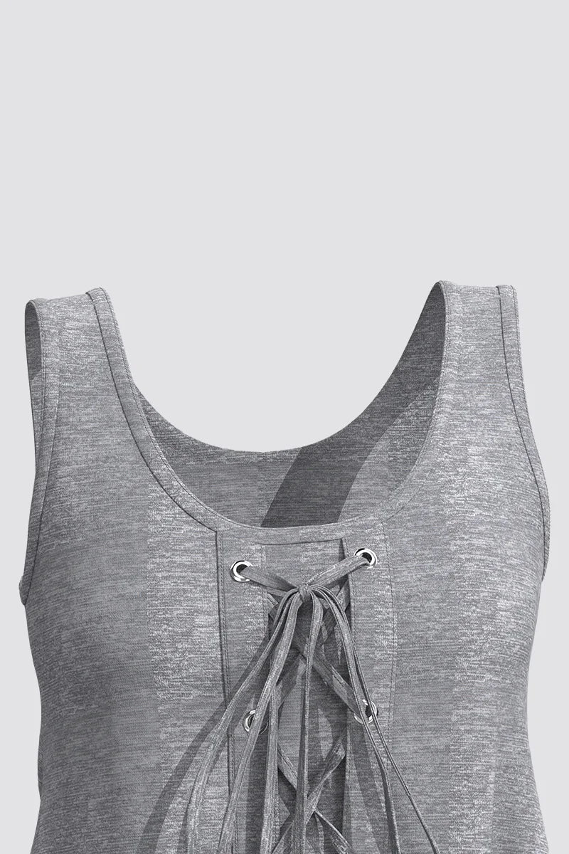 Women's Plus Size Casual Grey Eyelet Washer Lace-Up Tank Top Sleeveless Medium Strecth Vintage Round Neck Summer Tank Top 2024