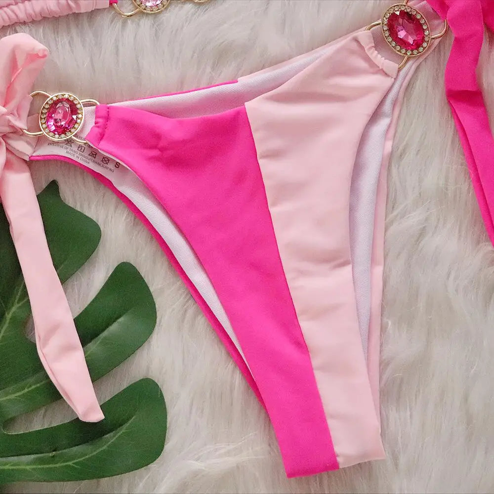 Pink Sexy Bikinis Swimsuit With Rhinestones Women Swimwear Female Push Up Bikini Beach Swim Wear Bathing Suits Pool Bather 2024