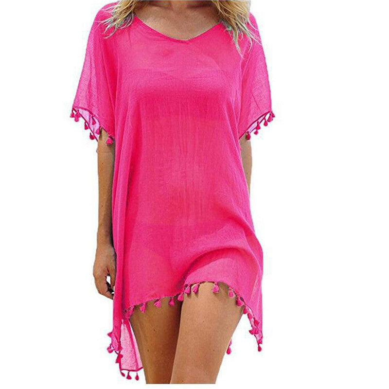 Summer Chiffon Tassels Beach Dress Women Swimwear Bikini Cover Up Female Mini Loose Solid Pareo Tops Swimsuit