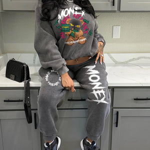 LW Plus Size Two Piece Sets Figure Letter Print Pants Set Autumn Women Tracksuit Oversized Suit Female Sweatshirt Sports Hoodie