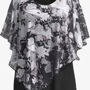 Plus Size Women Blouse Cloak Loose Casual Floral Print Ruffle Batwing Cape Sleeve Tee Top Medium Stretch Women Shirt Top