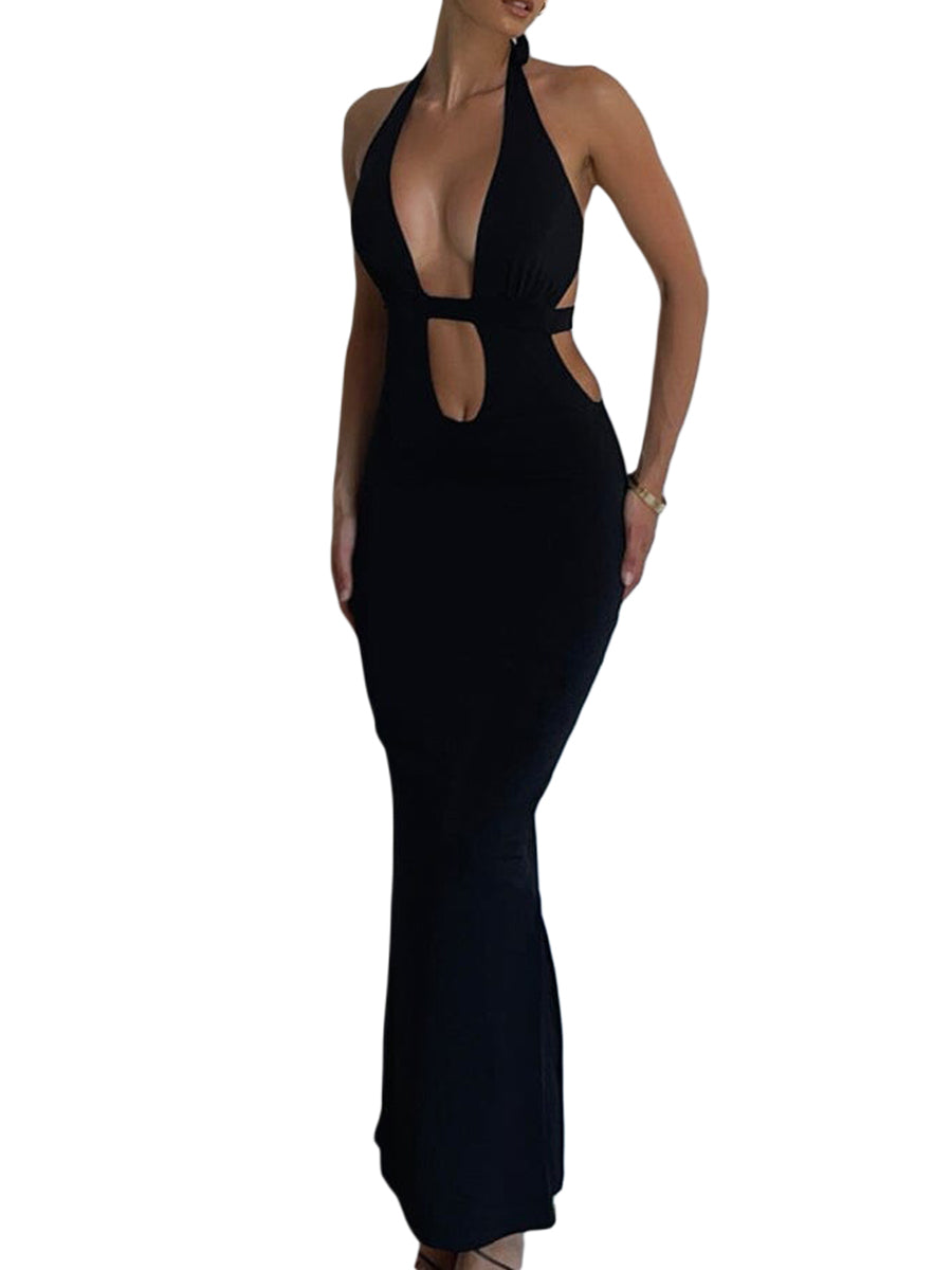 Sexy Cutout Halter Neck Backless Maxi Dress Tie-Up Black Elegant Cocktail Party Dresses for Women Clothing Autumn Fashion