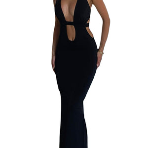 Sexy Cutout Halter Neck Backless Maxi Dress Tie-Up Black Elegant Cocktail Party Dresses for Women Clothing Autumn Fashion